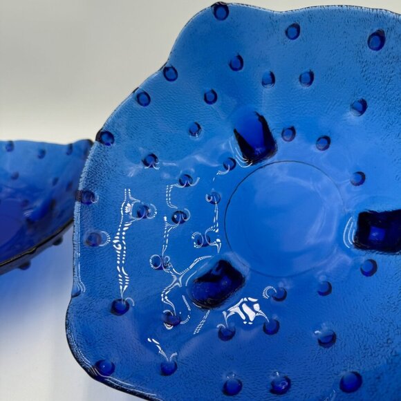 Unusual Vintage Collectible Cobalt Blue Blown Glass Hobnail Footed Serving Bowl - Picture 4 of 10